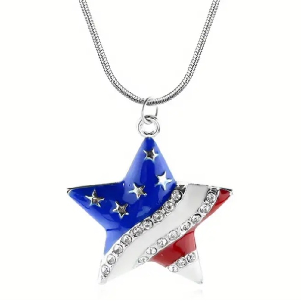 Patriotic Star Red White & Blue Enamel & Crystal Silver Toned Necklace